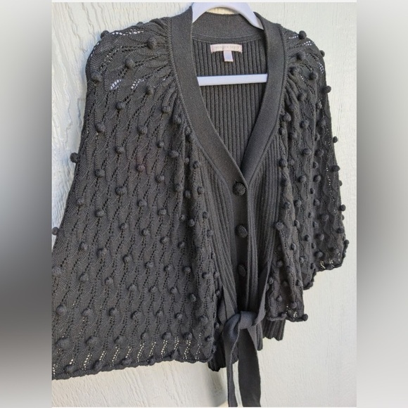 Rebecca Taylor Black Wool Blend Pompom Tie Front Cardigan Sweater - Picture 5 of 8